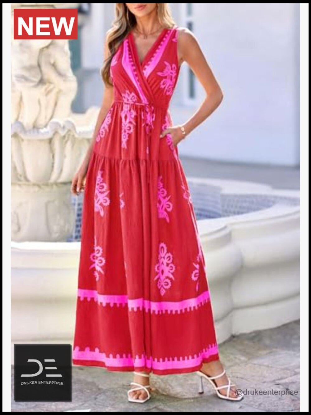 Boho V-Neck Maxi Dress with Belt and Pockets - Picture 6 of 7